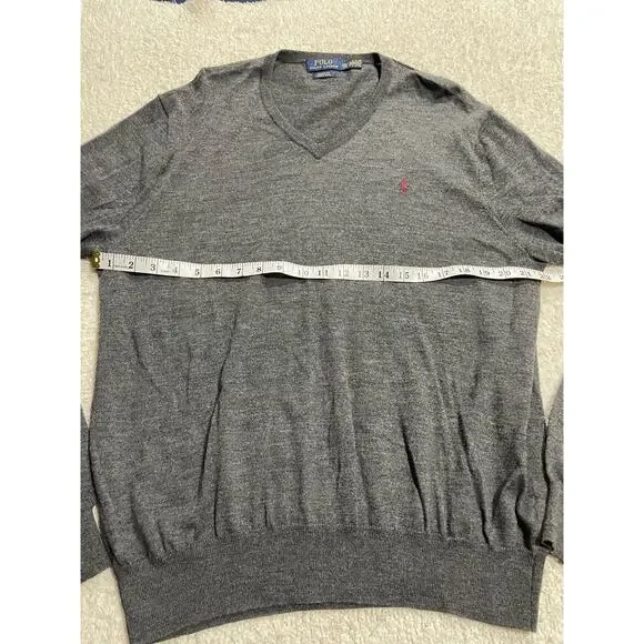 Polo Ralph Lauren Sweater Merino Wool Mens XXL Custom Fit Gray V Neck Knit
